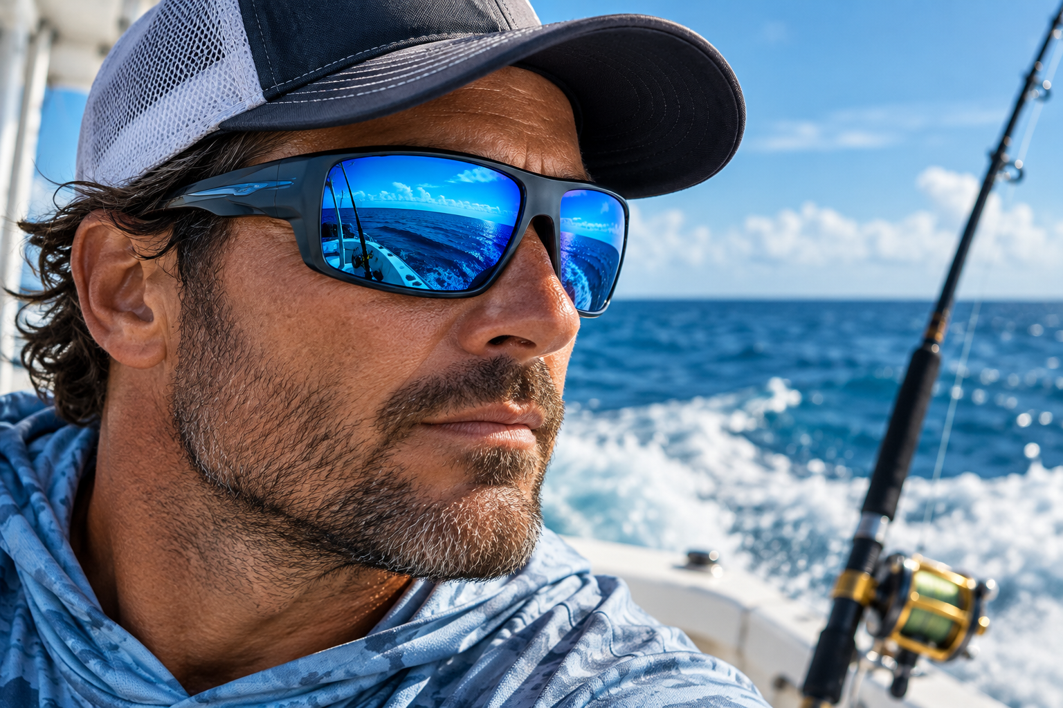 Fishing sunglasses in sharp focus on an angler at sea